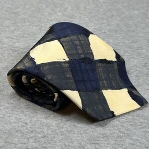 Vintage Structure 100% Silk Abstract Plaid Navy Cream Tie USA Wide Art Print NWT